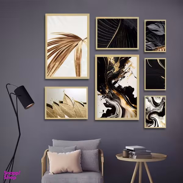 تابلو بکلیت طرح نقاشی مدرن آبرنگی و ورق طلا برگ مدل BE-1732 مجموعه 7 عددی