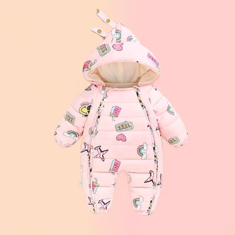 کاپشن سرهمی کلاه دار نوزادی دخترانه طرح ایموجی صورتی