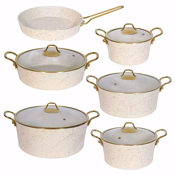 سرویس قابلمه 11 پارچه EVIZ PLUS مدل ماریا دسته طلا کرم