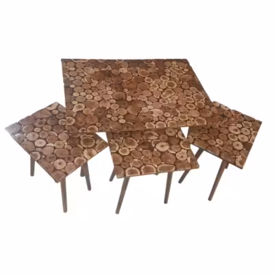 میز وسط جلو مبلی و میز عسلی چوبی با تکه های چوب زردالو