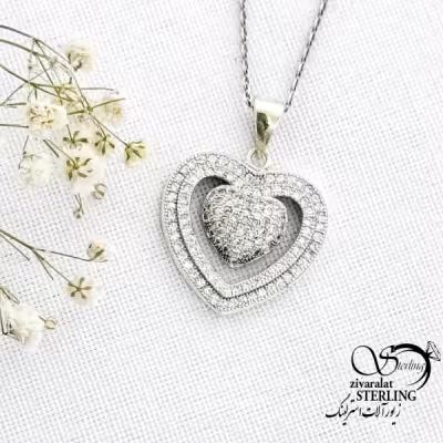 گردنبند قلب دوقلو نگین دار نقره ایتالیا کد 15648