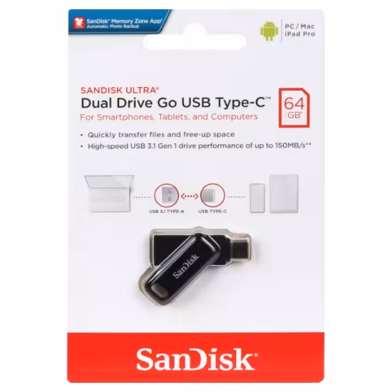 فلش مموری سن دیسک مدل Ultra Dual Drive Go USB3.1 ظرفیت 64 گیگابایت