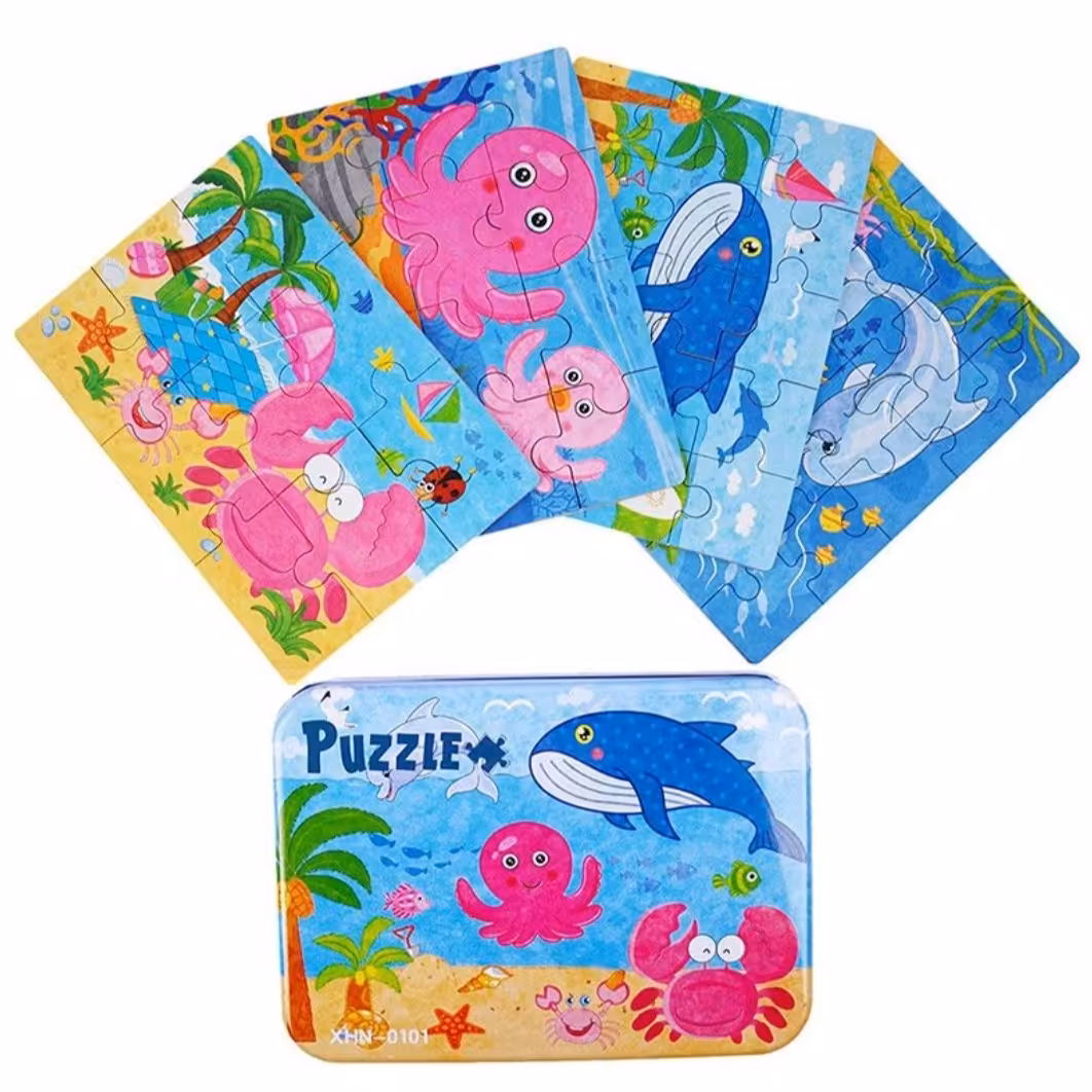 پازل چوبی حیوانات دریایی با قوطی فلزی مدل XHN0101

