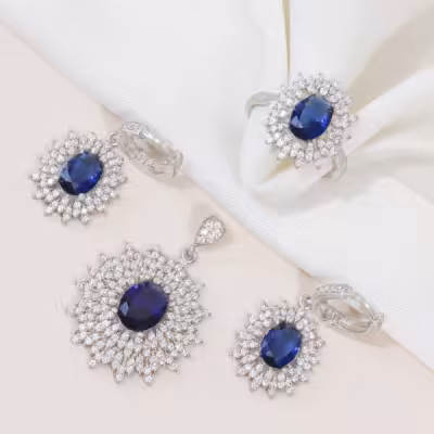 نیم ست نقره با سنگ یاقوت کبود طرح تایلندی و نمادار کد 3106