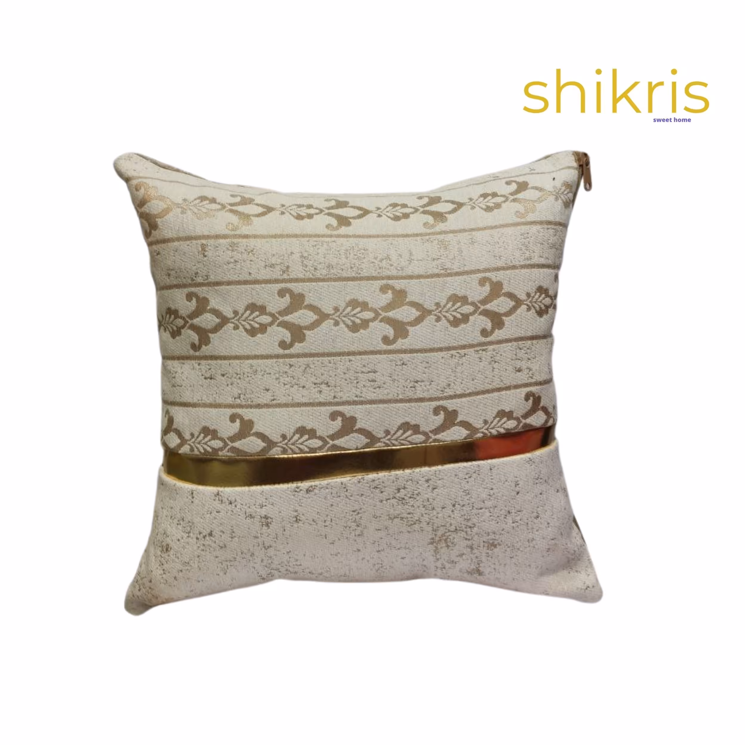 کوسن نیمه پتینه و مخمل طرحدار 40 در 40 طلایی و کرم