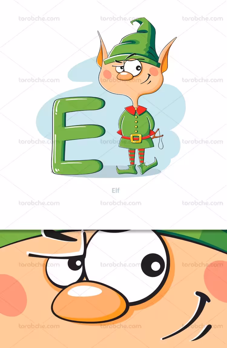 وکتور آموزشی حروف لاتین کودکان حرف E | گرافیک با طعم تربچه