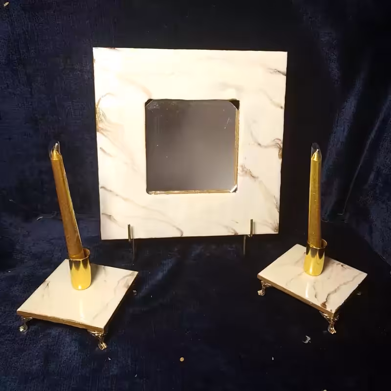 آینه و شمعدان رزینی طرح سنگ کرم قهوه ای