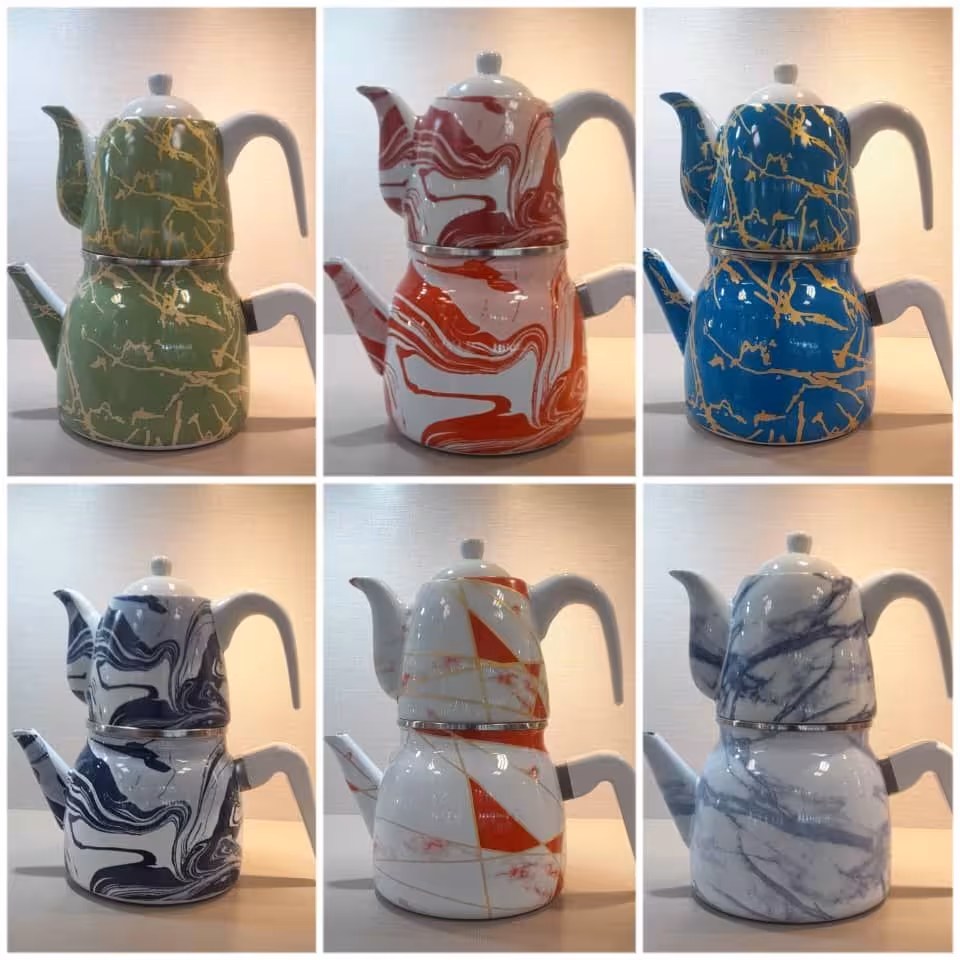 کتری و قوری رسا کتری دو لیتر لعابی و قوری یک لیتر چینی دسته بغل