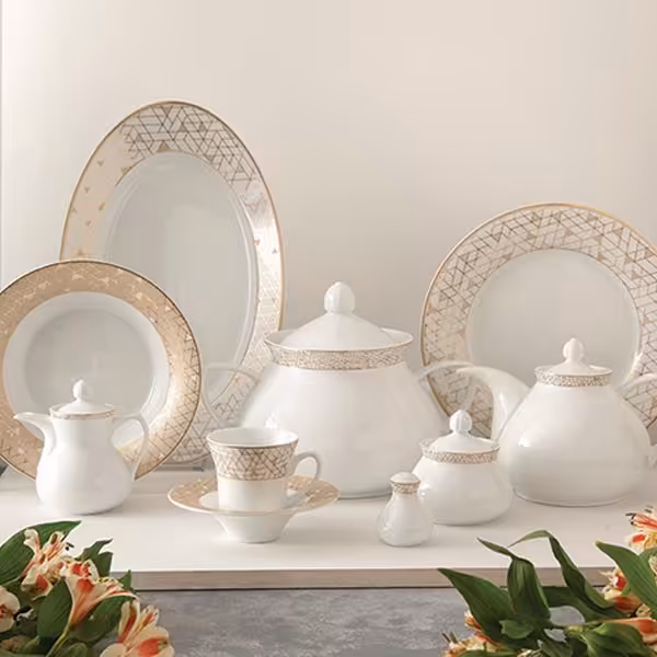 سرویس 12 نفره چینی زرین طرح ژئومتریکال نقره ای قالب شهرزاد 108 پارچه