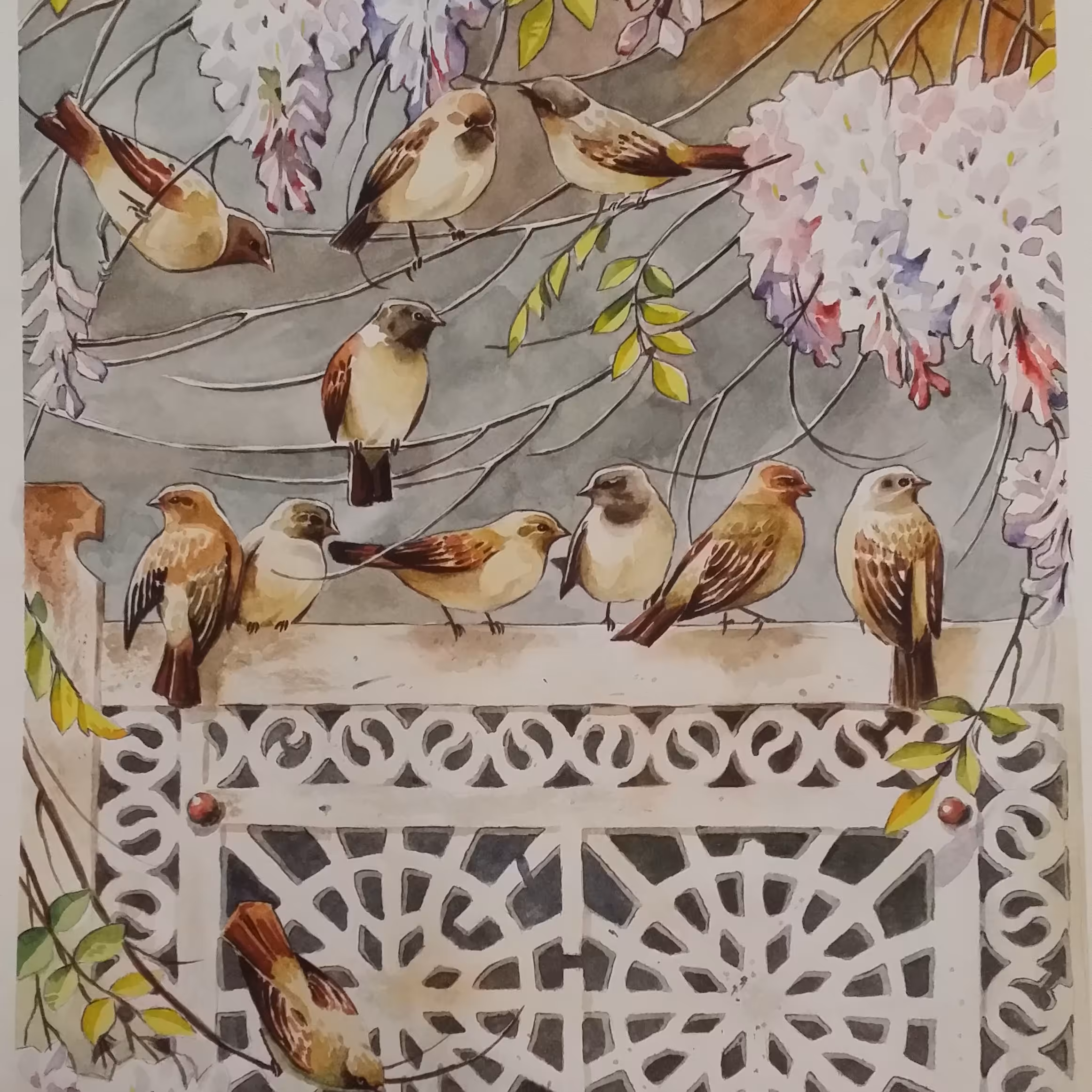 نقاشی آبرنگ گنجشک