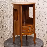 میز تلفن جا کتابی دار گرد مدل تینا 2 کشو با رنگ قهوه ای رنگ امیزی با کیفیت بالا