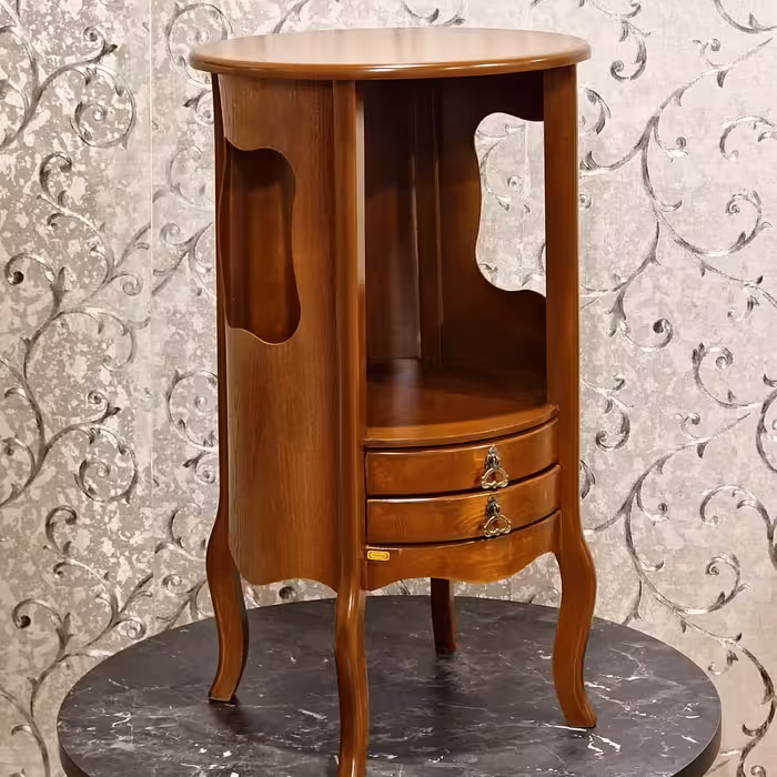 میز تلفن جا کتابی دار گرد مدل تینا 2 کشو با رنگ قهوه ای رنگ امیزی با کیفیت بالا