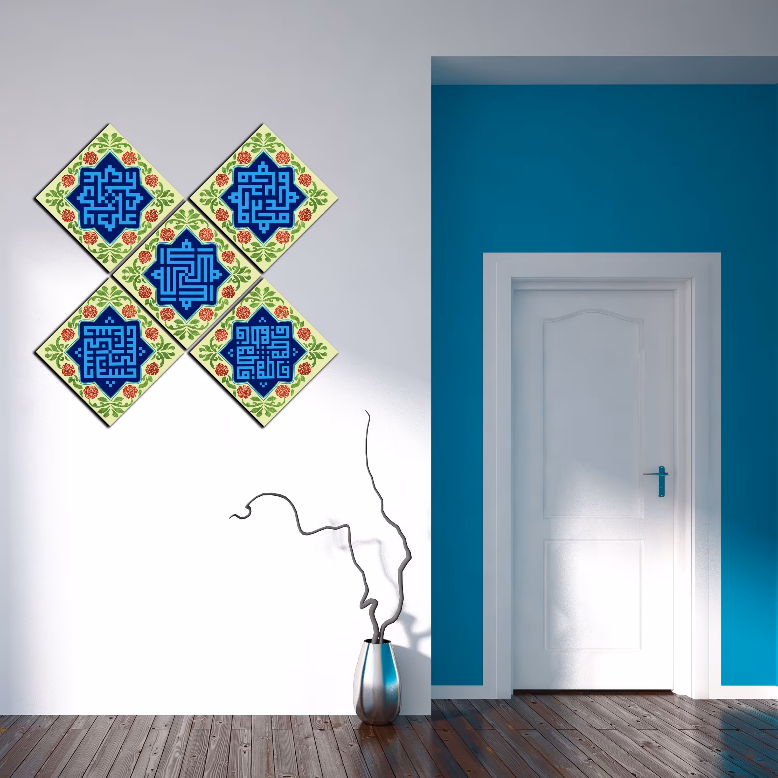 تابلو شاسی 5 تیکه طرح کاشی کاری اسم الله و پنج تن سایز بزرگ