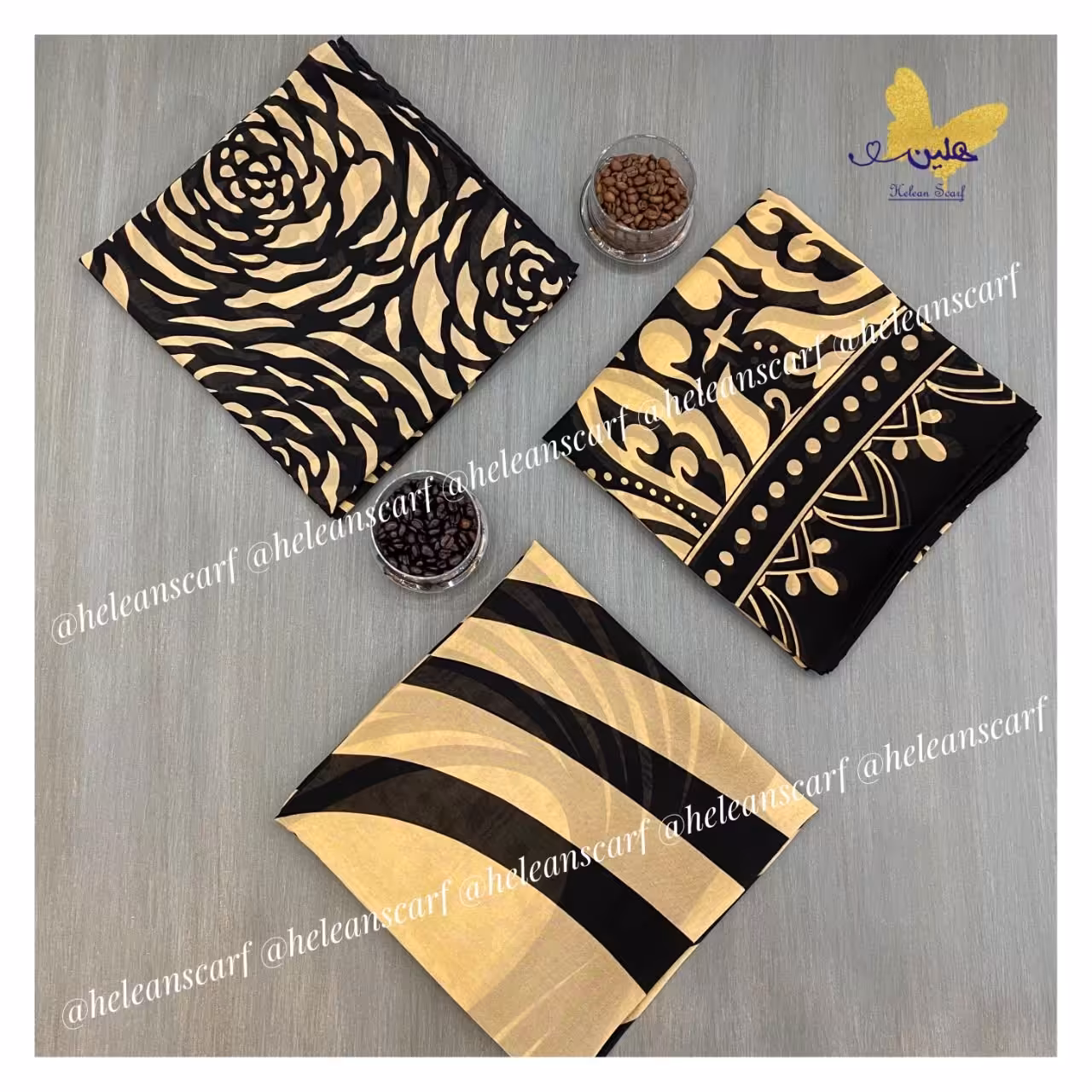 روسری کرپ گارزا دور دست دوز مشکی کرمی