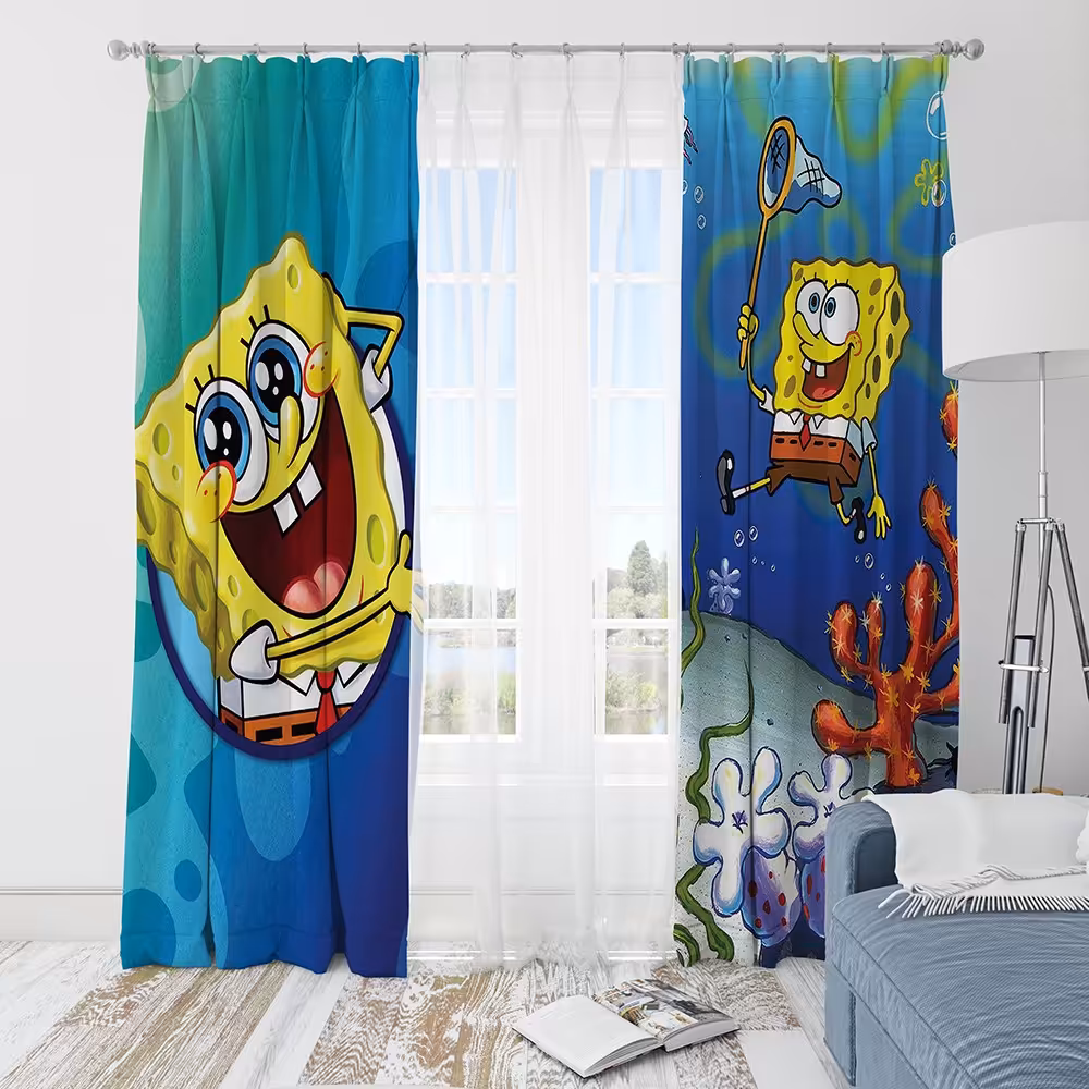 پرده اتاق کودک یک قواره با طرح باب اسفنجی