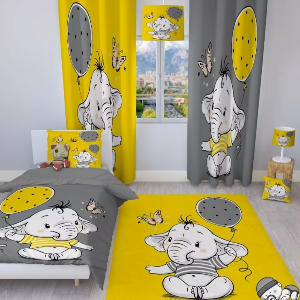ست اتاق کودک دو پنل  پرده و روتختی و لوستر طرح فیل بادکنکی