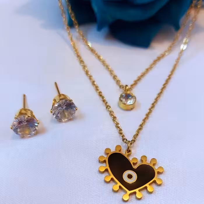 نیمست گردنبند با گوشواره میخی دولاین قلبی نگیندار طرح الماس