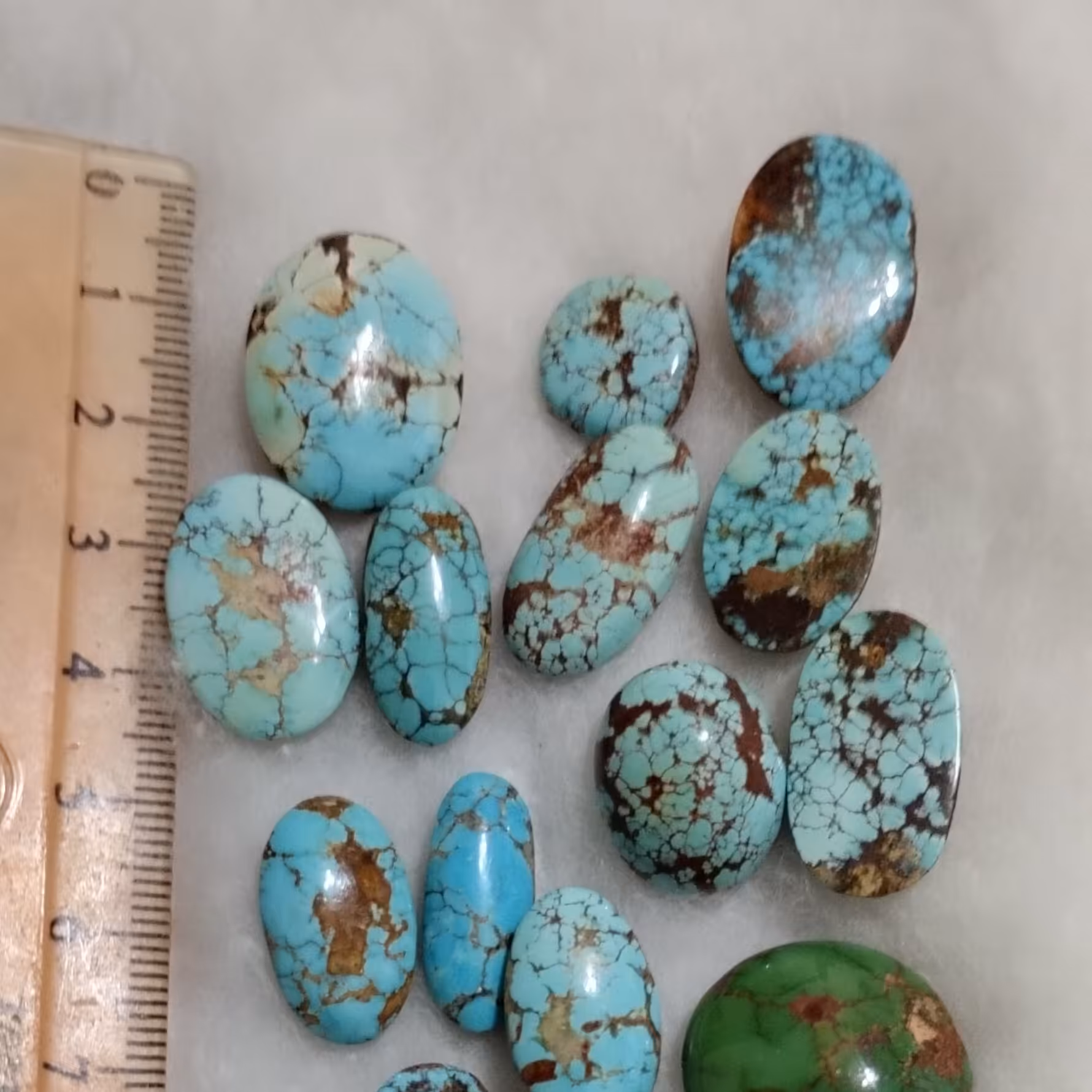 پک 17 عددی فیروزه شجر نیشابور  سایز 14 تا 27 میلیمتر ، طبیعی و اعلا ، رگه طلایی ، رگه سیاه ، رگه سرخ عنکبوتی  ، ماتریکس