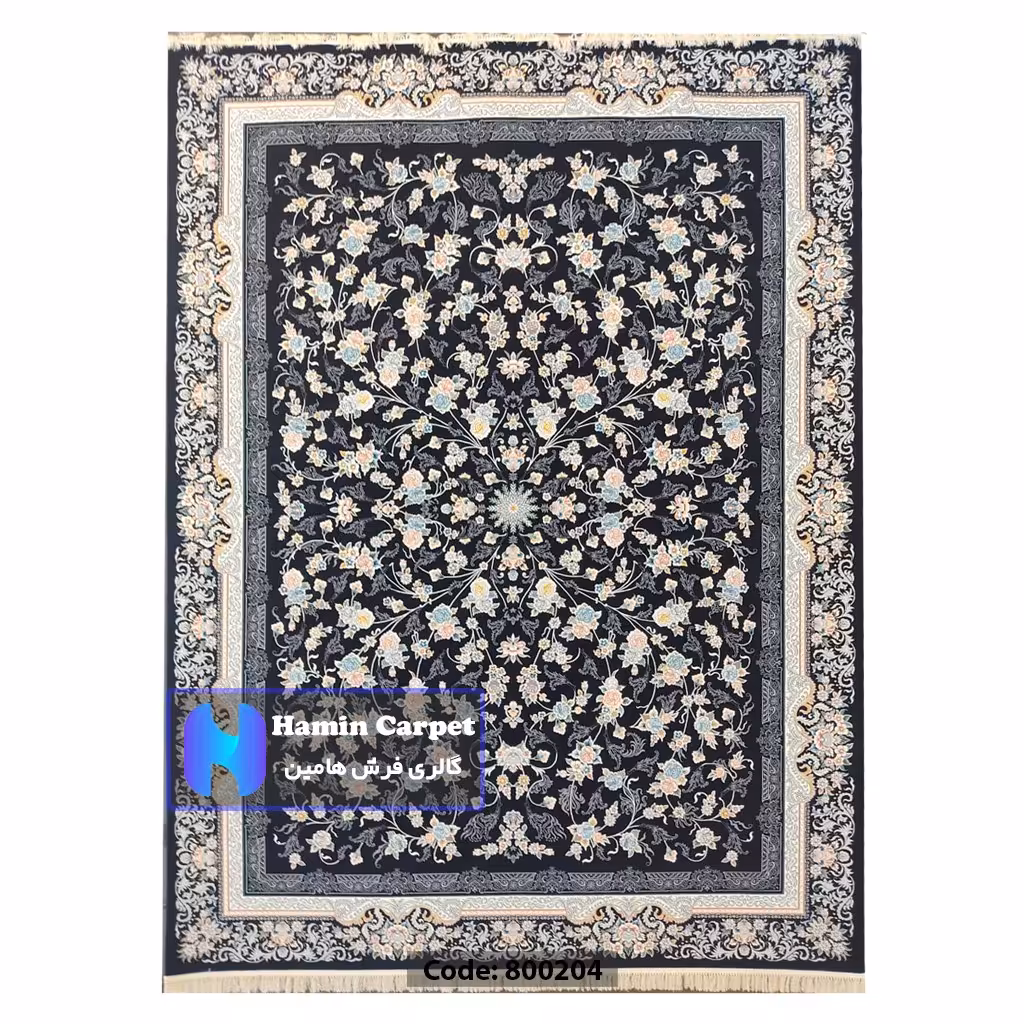 فرش 4 متری 700شانه تراکم 2550 نخ آکلریک رنگ زمینه سرمه ای کد AR800204