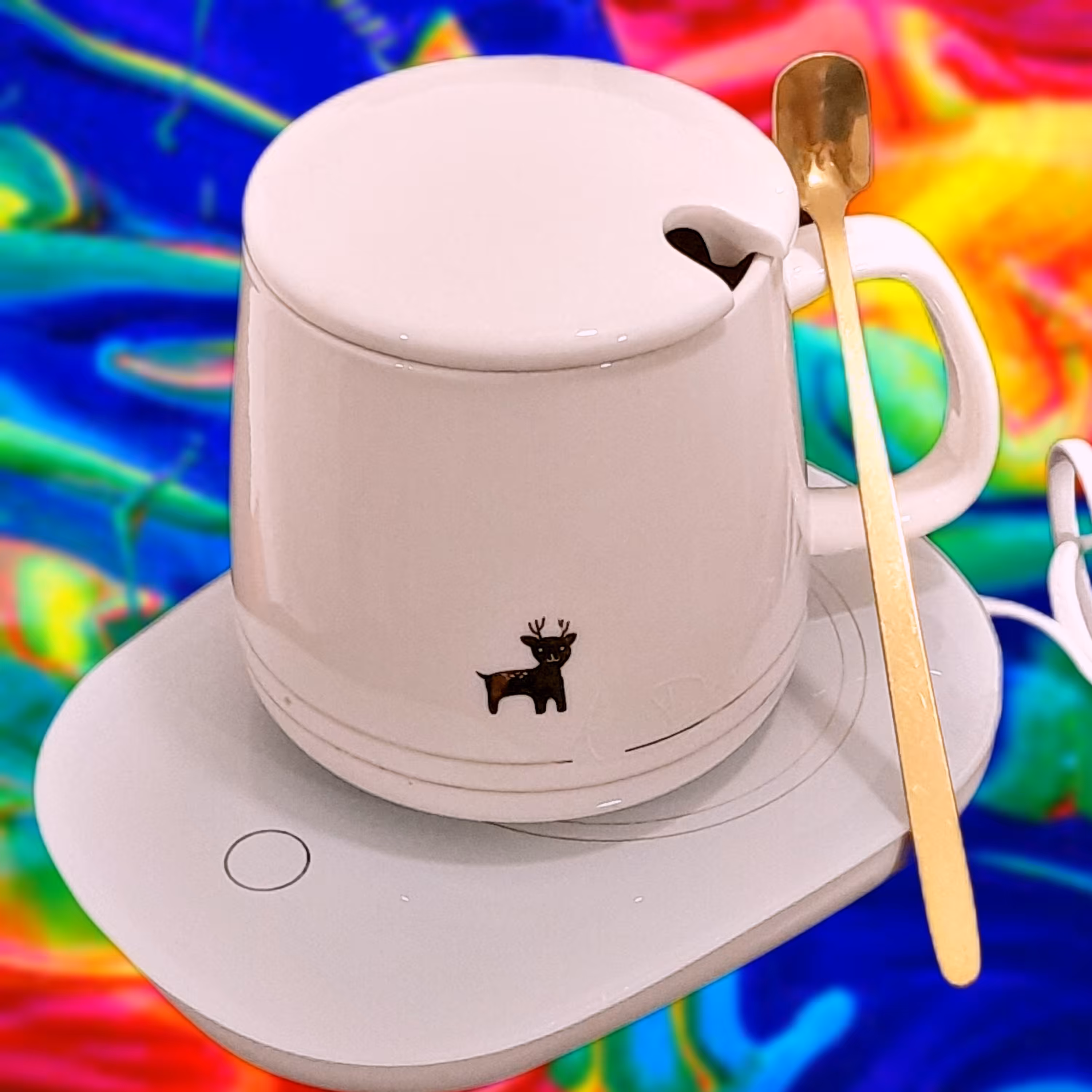 ماگ حرارتی سرامیکی 300 میل سفیدرنگ طرح گوزنی با لیوان .قاشق وکفی گرمکن