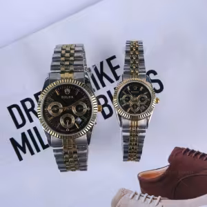 ست ساعت رولکس طرح سه موتوره بنداستیل دورنگ صفحه مشکی