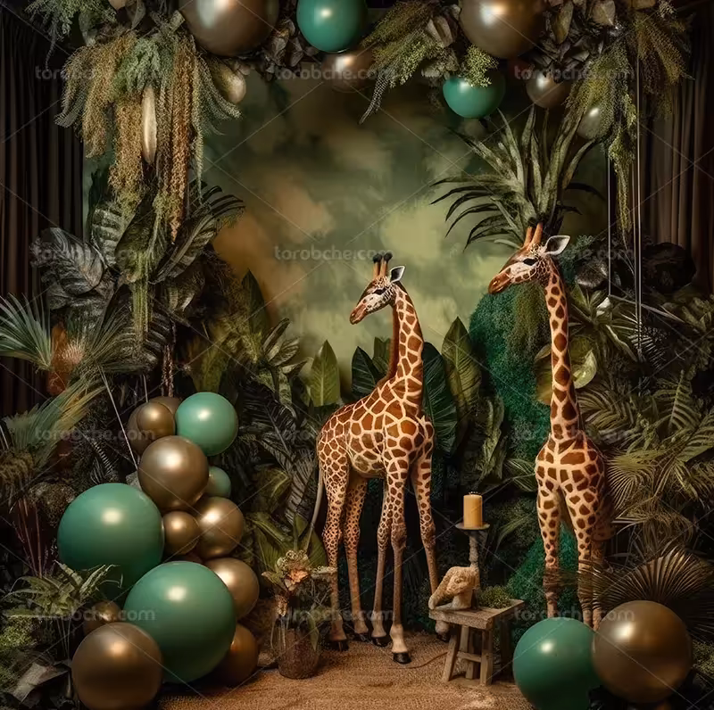 بک دراپ عکاسی با بادکنک های سبز و طلایی | گرافیک با طعم تربچه