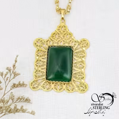 گردنبند مجلسی عقیق سبز طرح طلا کد 14739