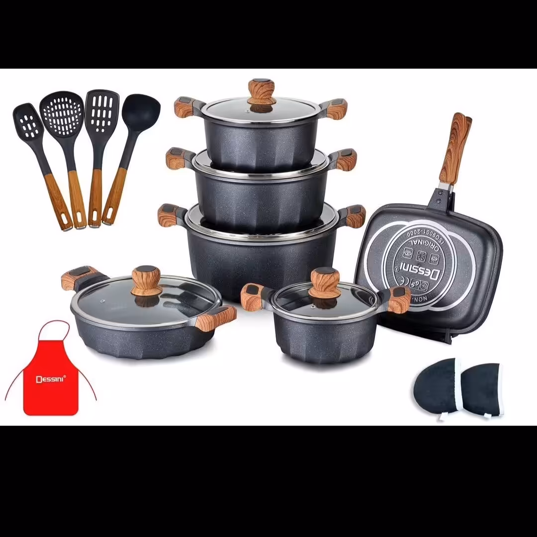 سرویس قابلمه 12 پارچه دسته چوبی گرد دسینی 