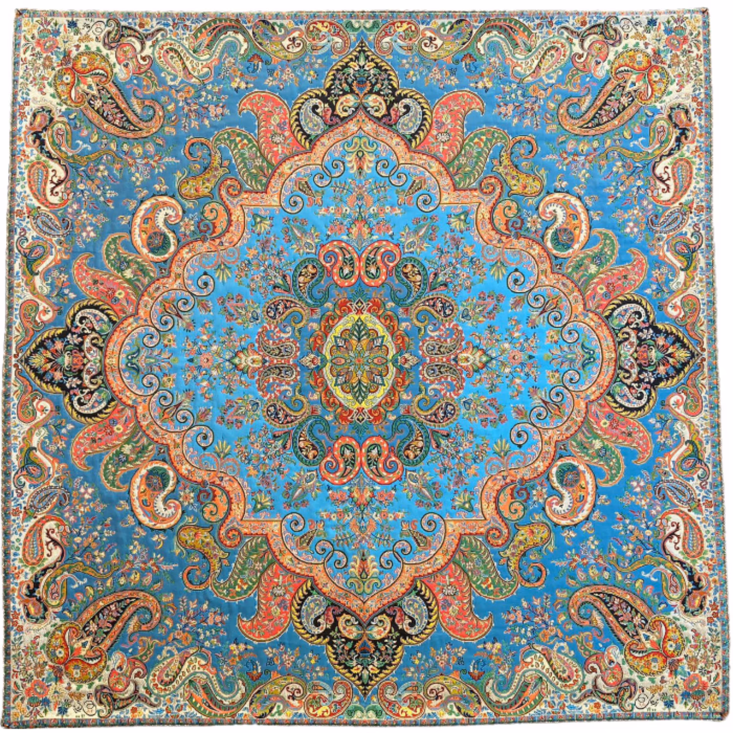 رومیزی ترمه مربع ابریشم کد TRM148 نفیس رنگ فیروزه ای آستر آبی مغزی دوزی 