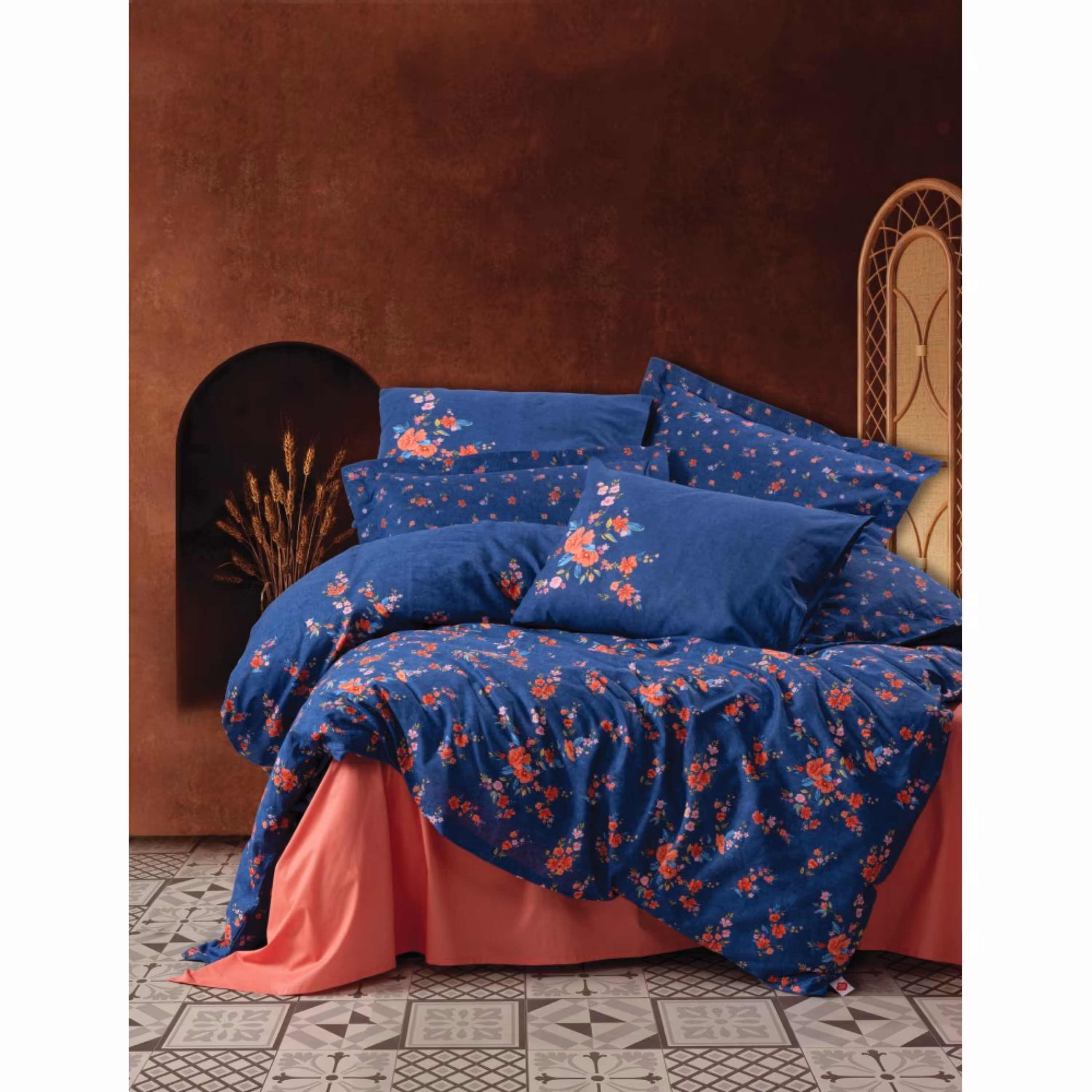 ست ملحفه کاتن باکس مدل Feminen Emery Lacivert دو نفره 4 تکه