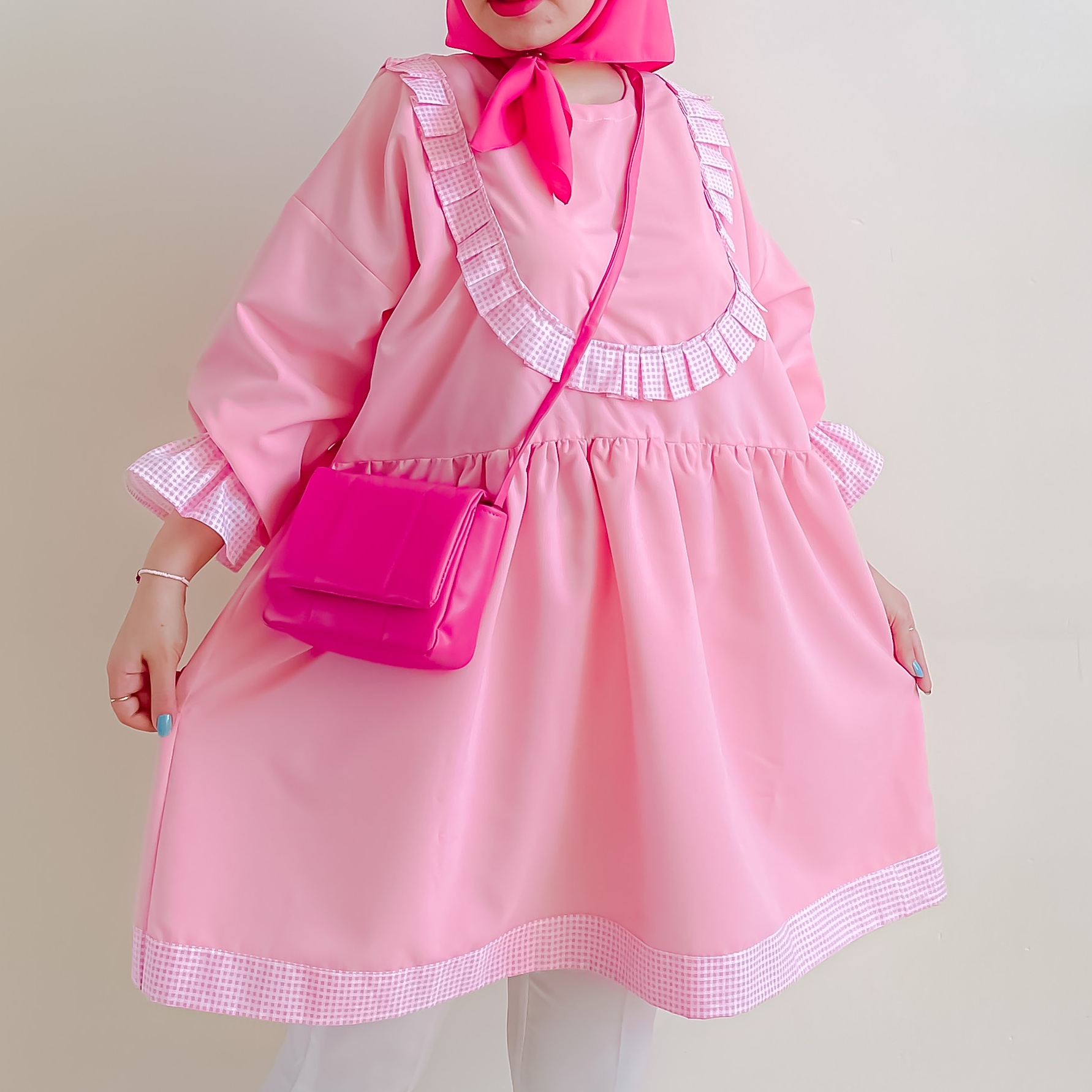 مانتو جدید عروسکی چیندار نخی تابستانی صورتی