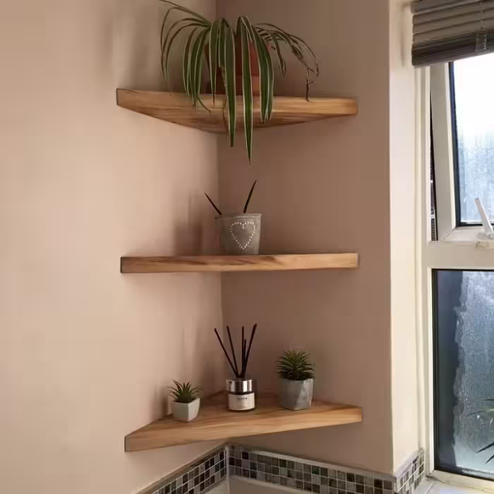 شلف دیواری تمام چوب روسی مناسب برای کنج دیوار همراه با پایه نگه دارنده ست چهار عددی 