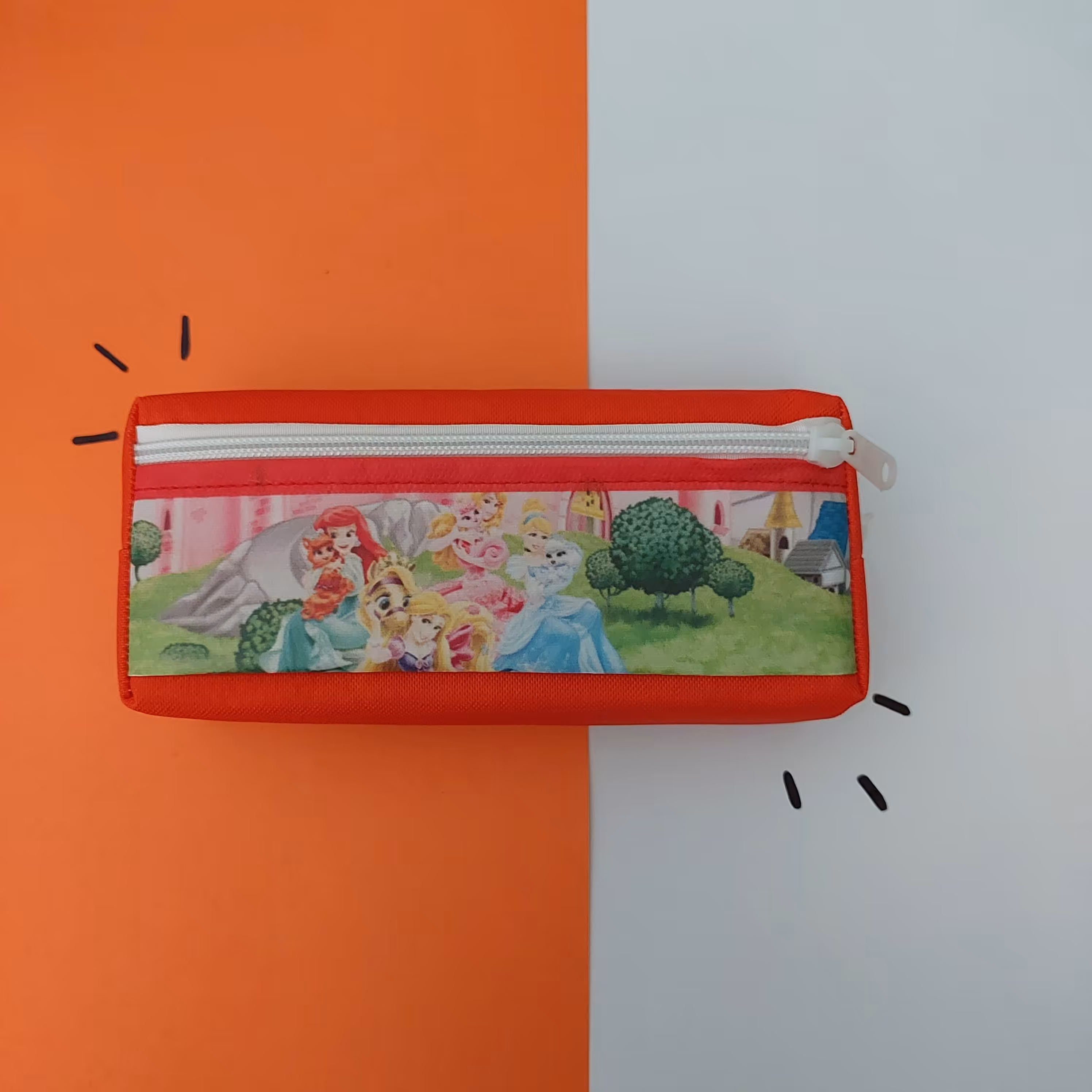 جامدادی جادار دو زیپ طرحدار نارنجی طرح پرنسسی مناسب دانش اموزان 