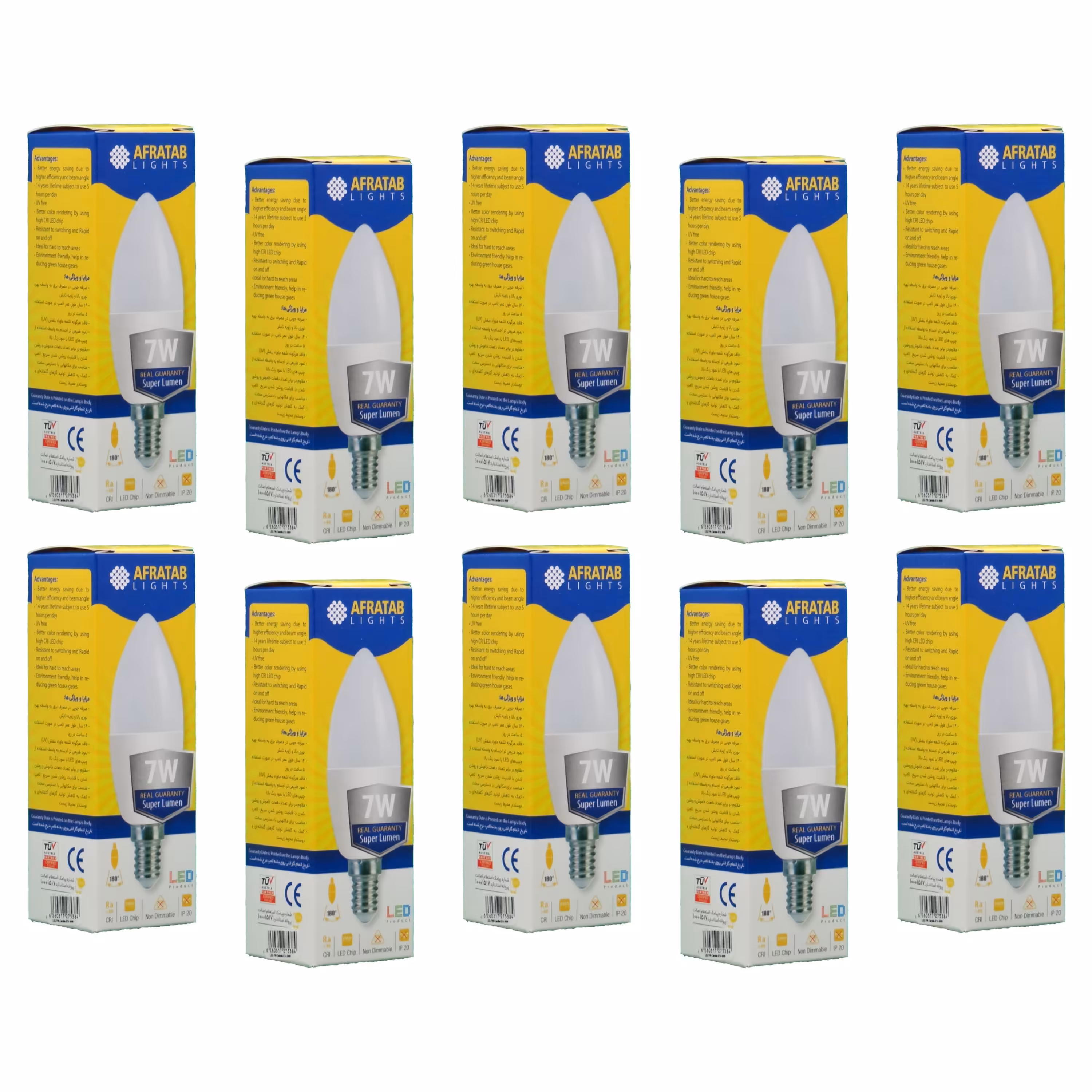 پک 10 تایی لامپ ال ای دی 7 وات شمعی افراتاب پایه E14
