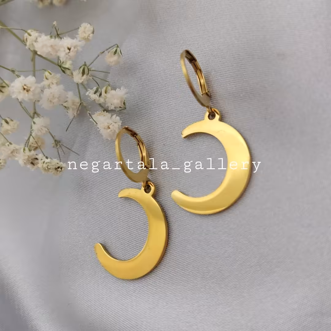 گوشواره استیل رنگ ثابت آویزدار طرح ماه