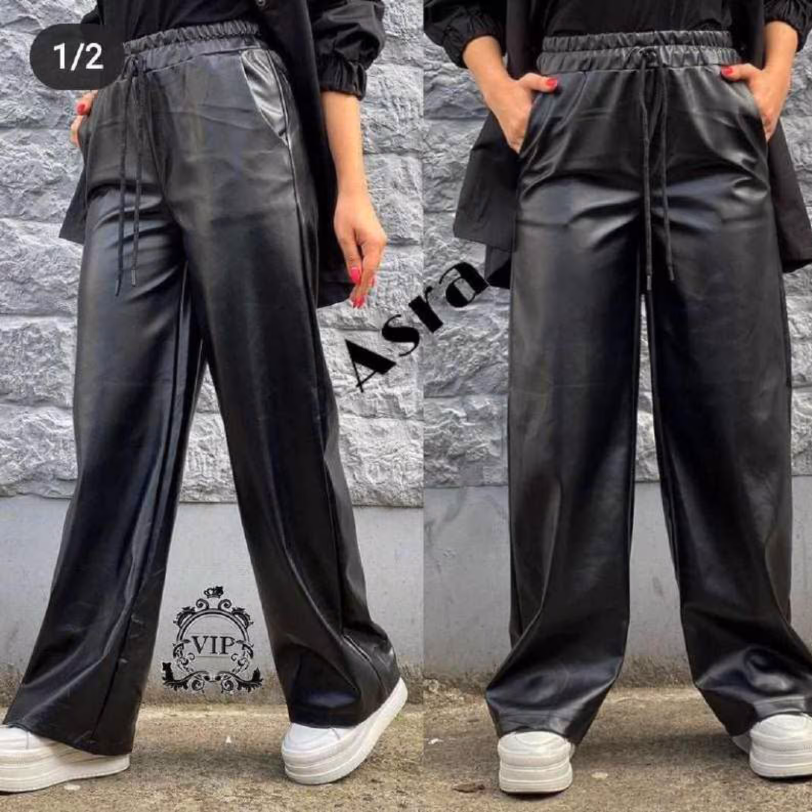 شلوار بگ مشکی زنانه از سایز 40 تا 46 از جنس چرم درجه یک