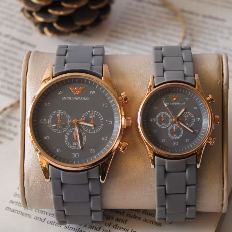 ست ساعت امپریوآرمانی بند پیو.رنگ بند طوسی قاب رزگلد. 