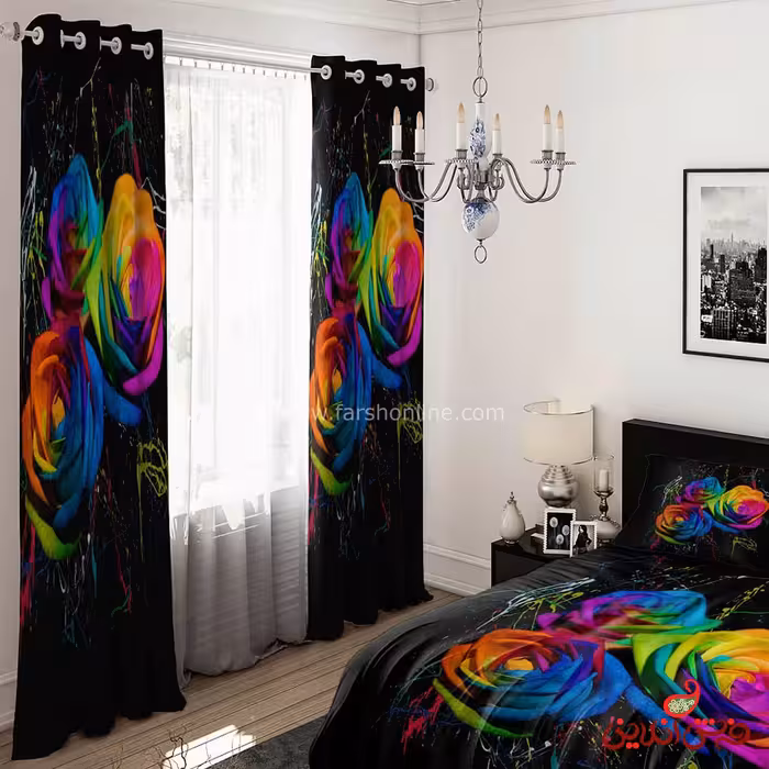 پرده 2 عددی طرح گل رز  کد 15067/1