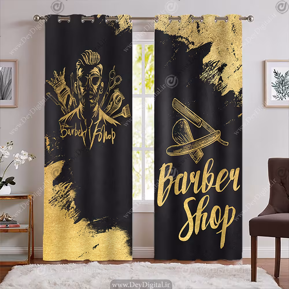 پرده آرایشگاه مردانه رنگ مشکی طلایی WA-1167-s