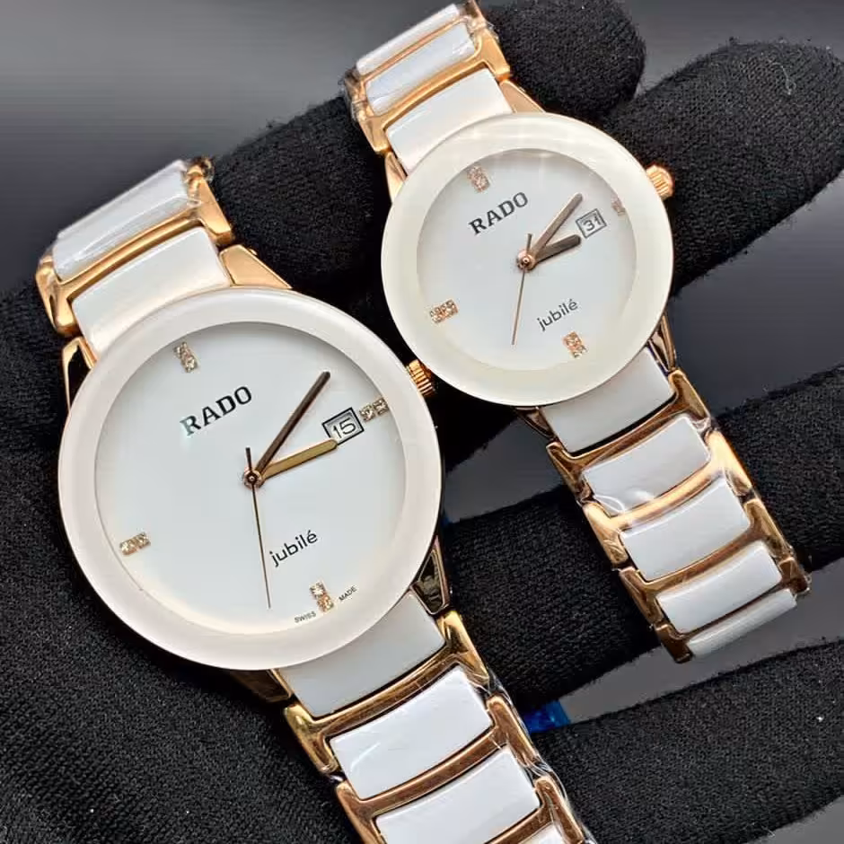 ساعت ست زنانه مردانه رادو +موتور ژاپن 12 ماه گارانتی+بند سرامیک سفید رزگلد rado