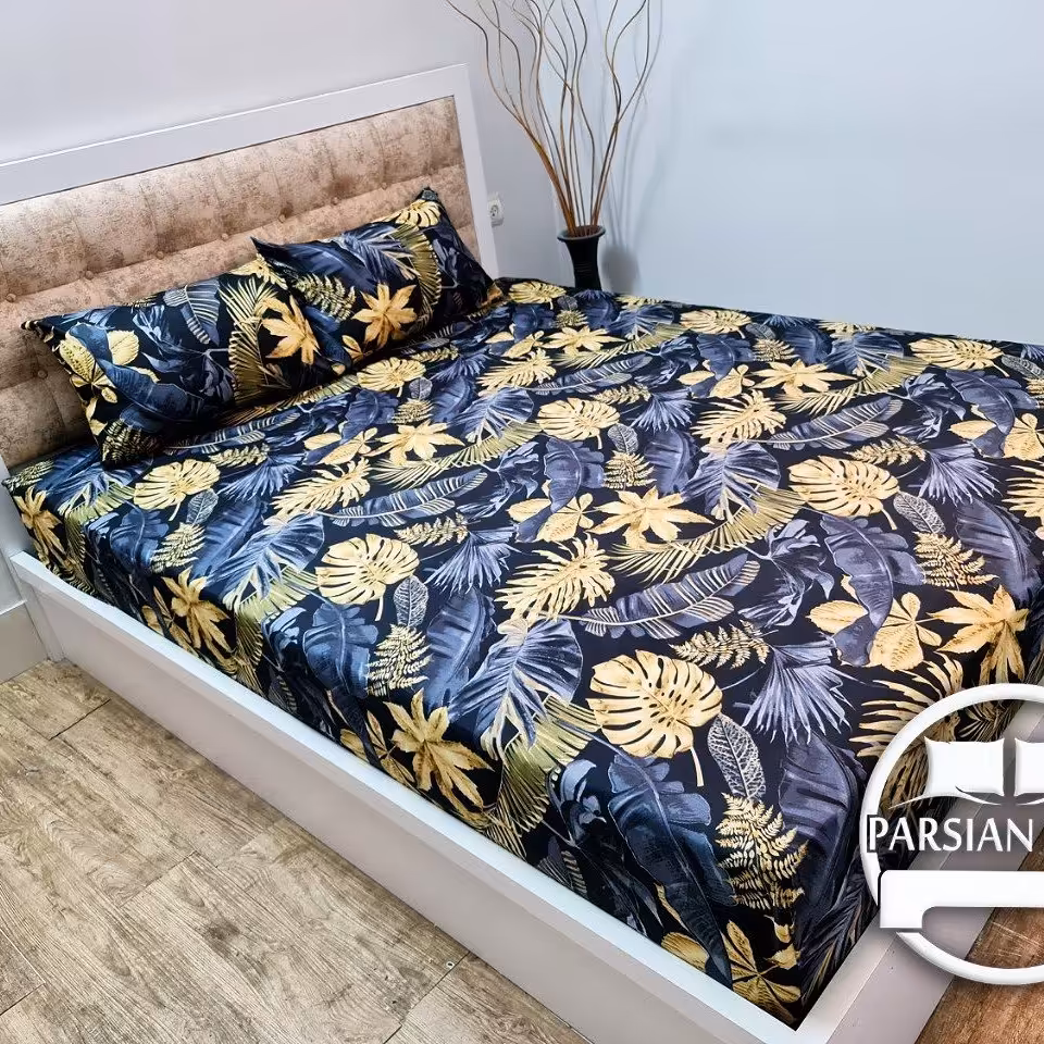 نیم ست ملافه کشدار خوشخواب  روتختی دونفره طرح هاوایی مشکی طلایی 3 تکه نخی ( ملافه کشدوز  ) ارزان