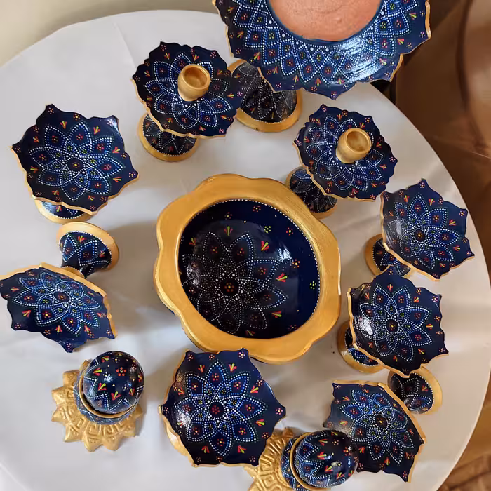 هفت سین نقطه کوبی سفالی زمینه سورمه ای 