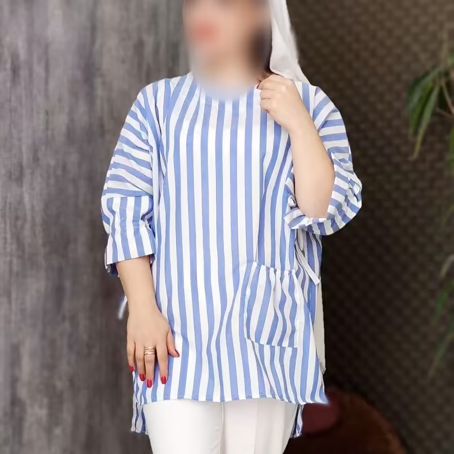 مانتو زنانه راه راه فوق العاده زیبا تک جیب جنس پارچه لنین نخ درجه یک با دوختی تمیز و دقیق بسیار خوشپوش و خوشتن