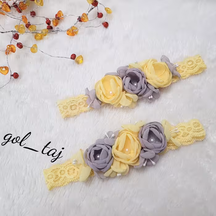 هدبند دخترانه نوزادی شیک و زیبا طوسی زرد