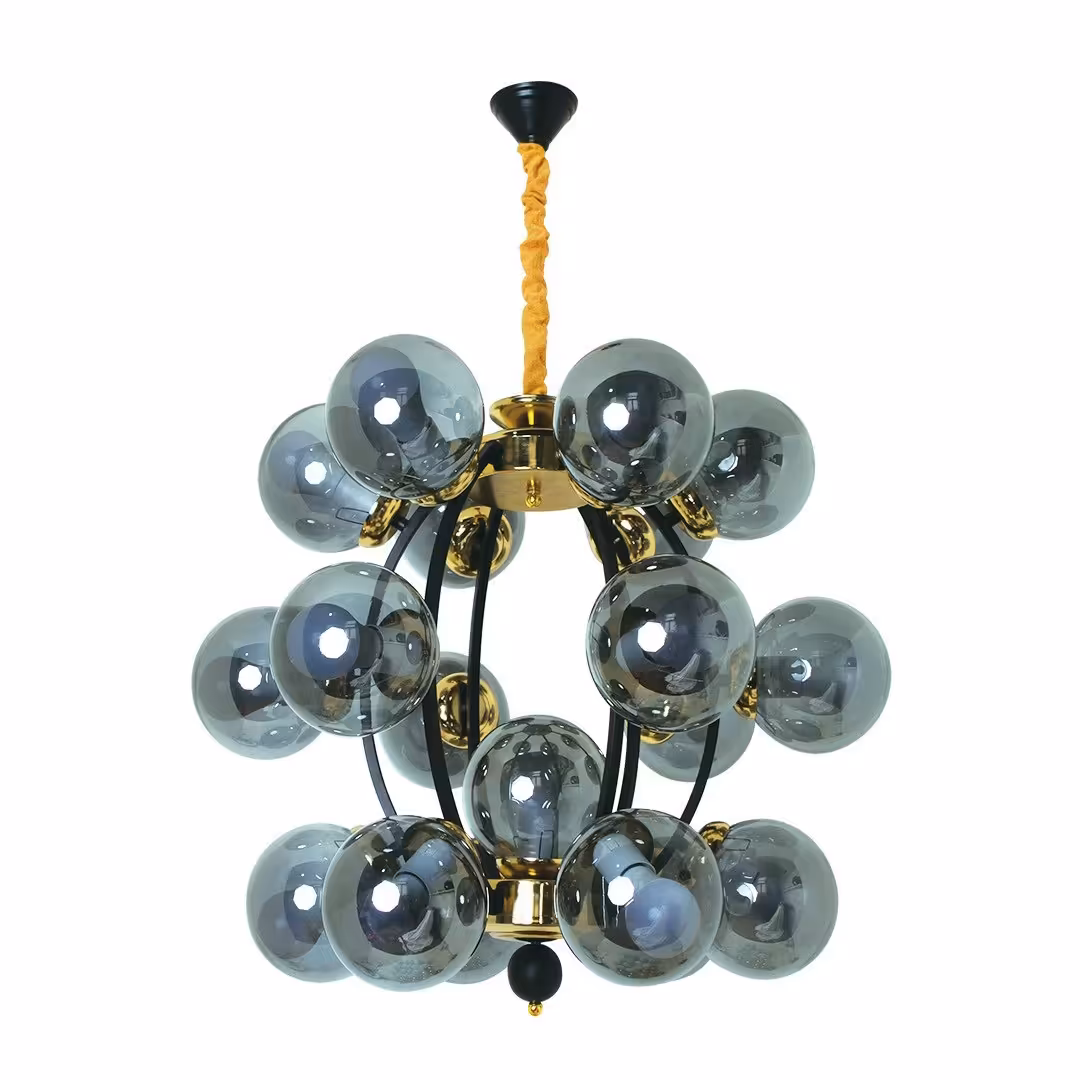 لوستر مولکولی پذیرایی فلزی ارزان مدرن در رنگ مشکی طلایی باضمانت 6 شاخه 19 شعله M8001