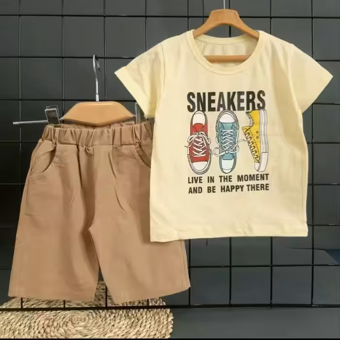 ست تیشرت و شلوارک کتان بیرونی شیک دخترانه و پسرانه سایز 35 طر