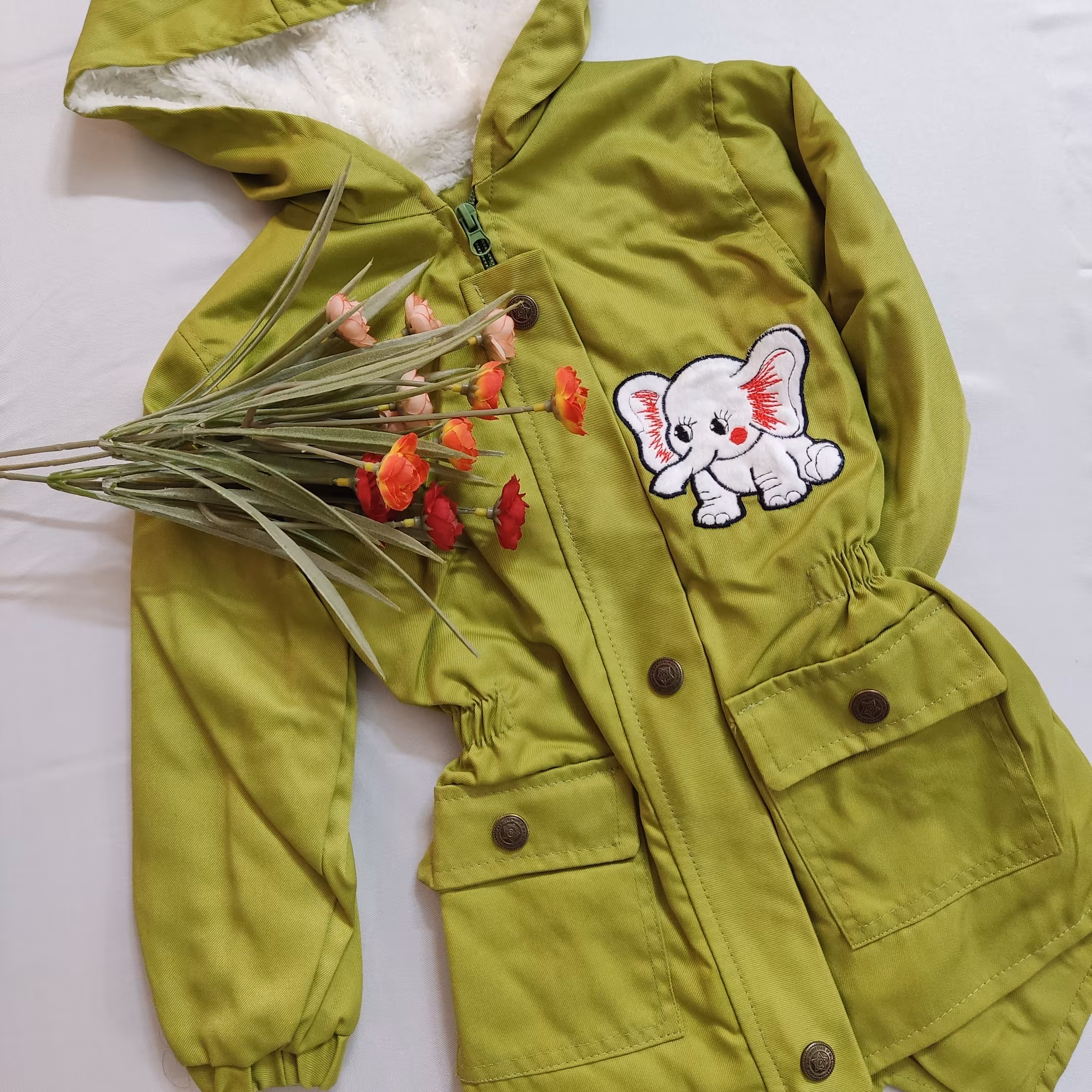 کاپشن بلند دخترانه طرح فیل - رویه ترگال داخل خز - سایز 35 ، 40 ، 45