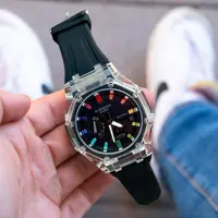 ساعت  مچی جی شاکGA2100 شیشه ای کریستال هشت ضلعی مشکی (جیشاک GShock) تنظیم اتوماتیک با پایتخت کشورها واتولایت اتوماتیک