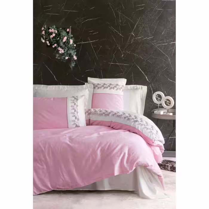 ست ملحفه کاتن باکس مدل Brode Saten Niobe Pembe دو نفره 6 تکه