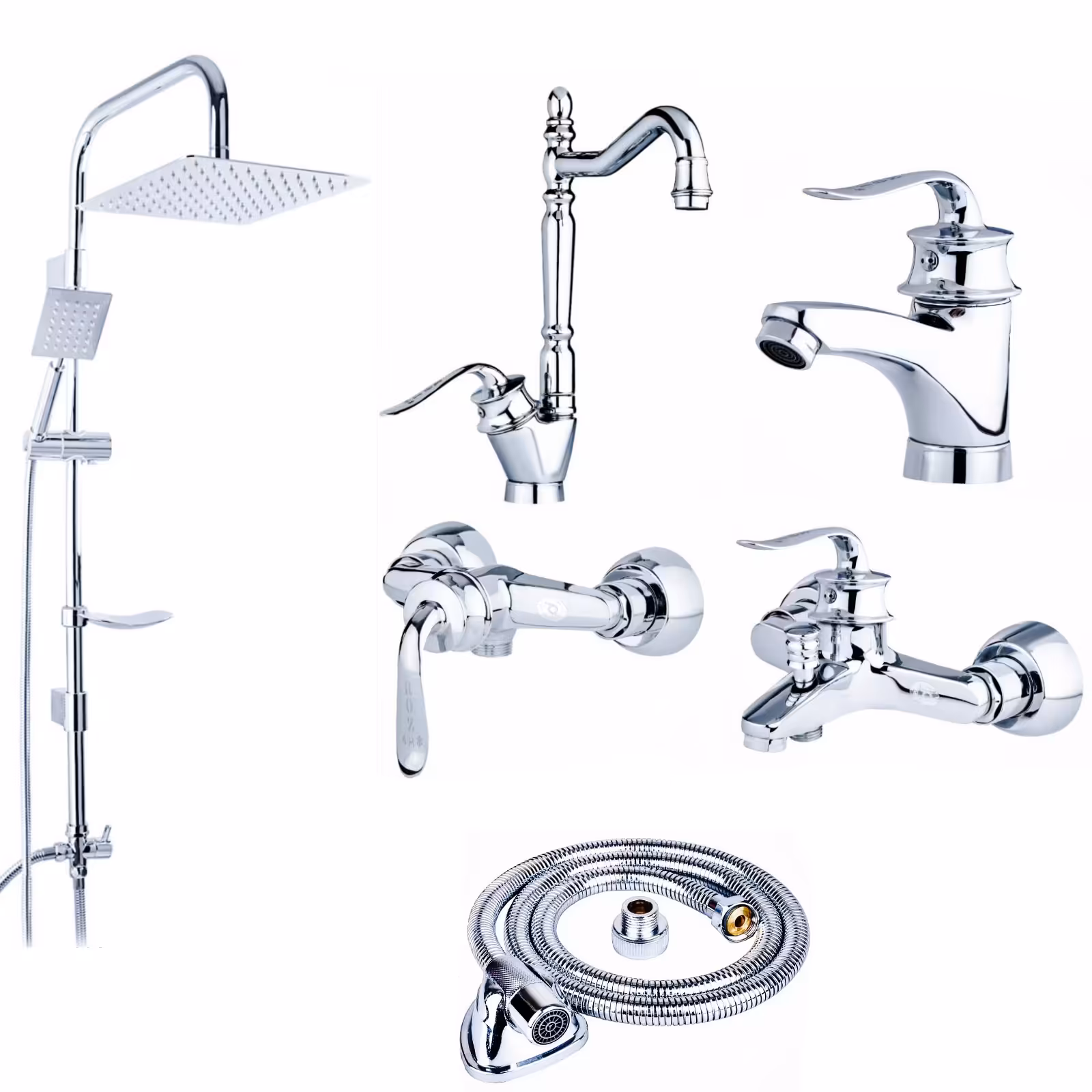 ست شیرآلات رز مدل هلن رویال مجموعه 6 عددی کروم به همراه علم دوش دوکاره تمام استیل و شلنگ توالت 